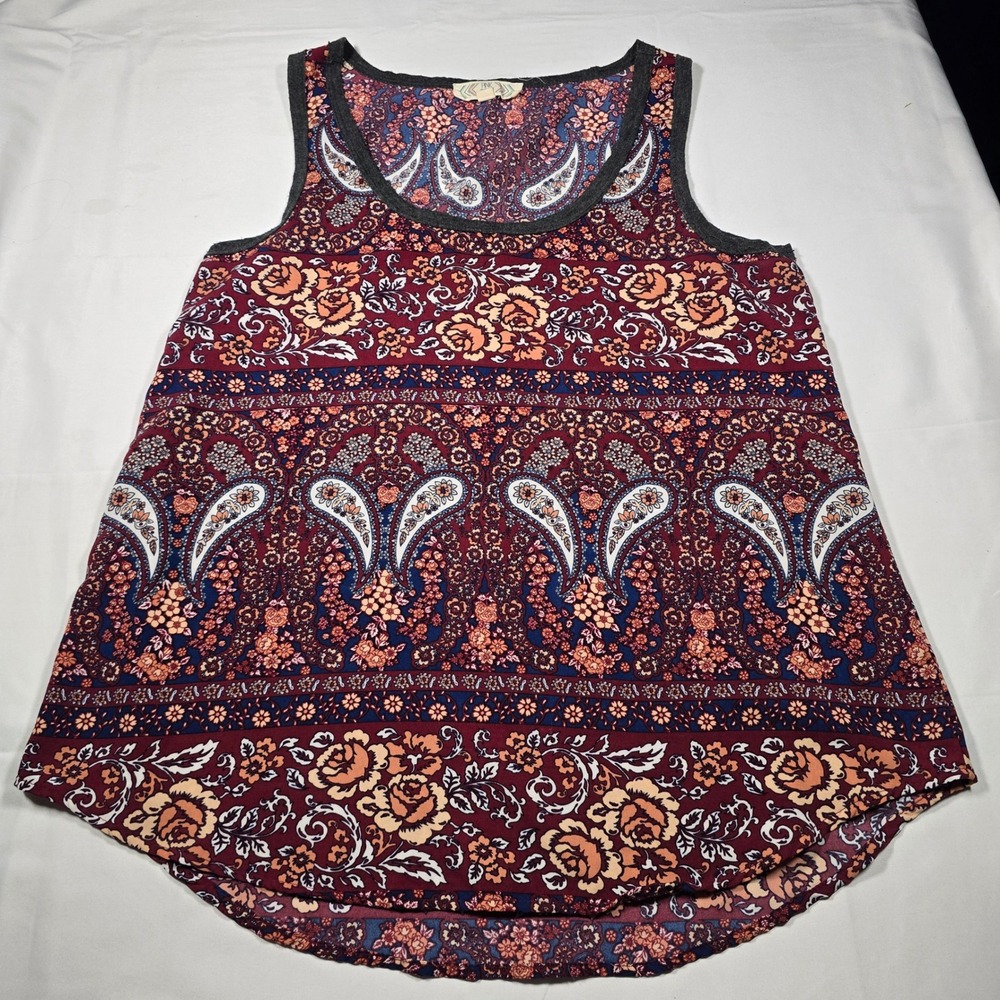 Pink Rose Womens Paisley Floral Tank Top Burgundy Boho High Low Hem Medium